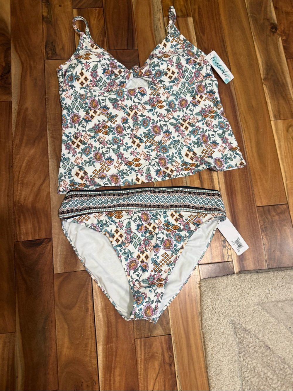 Tropical Floral Tankini Set in White with Teal & Mustard Accents